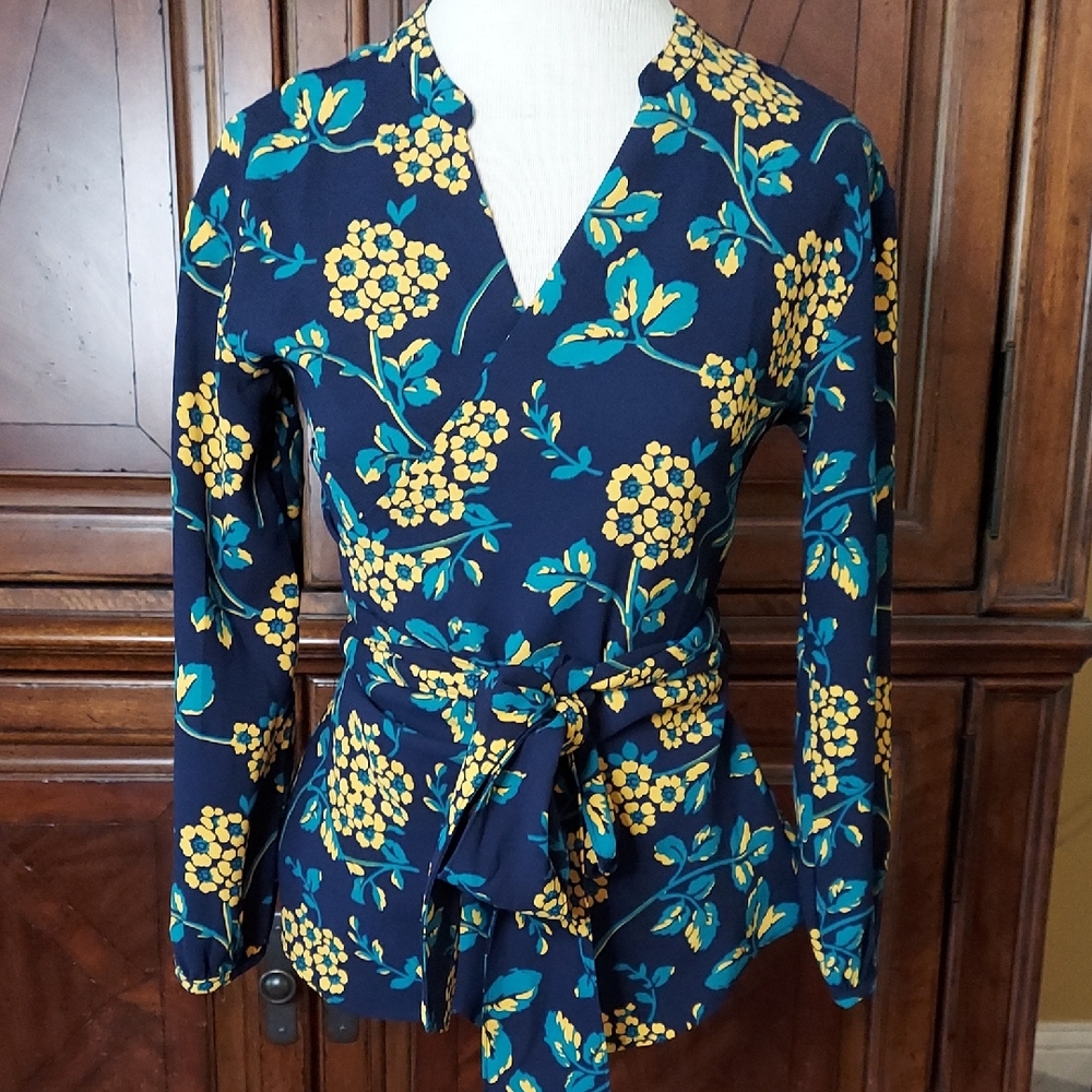 NWT - J.Crew Floral Navy and Yellow Women's Wrap Top - XXS